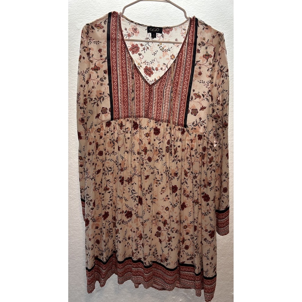 GiGio Boho Floral Swing Dress Black‎ Red Cream Women's Size M V-Neck Tie
